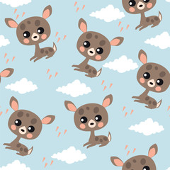 Seamless pattern with cute fawns and clouds on blue background.
