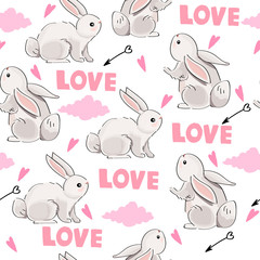 Seamless pattern with cute hares and love inscription on white background.