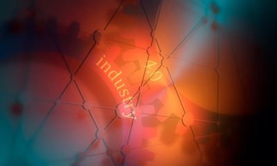 Industry four point zero text on the mechanism of gears. Communication concept in industrial design. Modern brochure design template. Polygonal mosaic background. 3D rendering. Orange spotlight