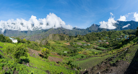 Landscape with Cilaos town in Cirque de Cilaos, La Reunion island