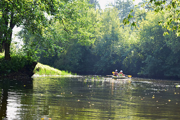 Sumy region, Ukraine, August, 2019. Vorskla river, tourists on a kayak.