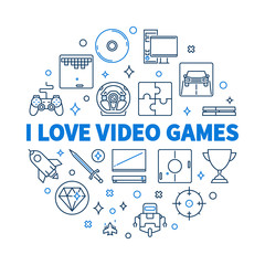 I Love Video Games vector round concept linear illustration