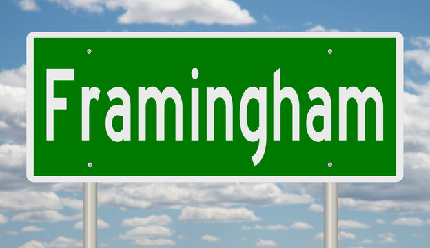 Rendering of a green highway sign for Framingham Massachusetts