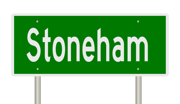 Rendering of a green highway sign for Stoneham Massachusetts