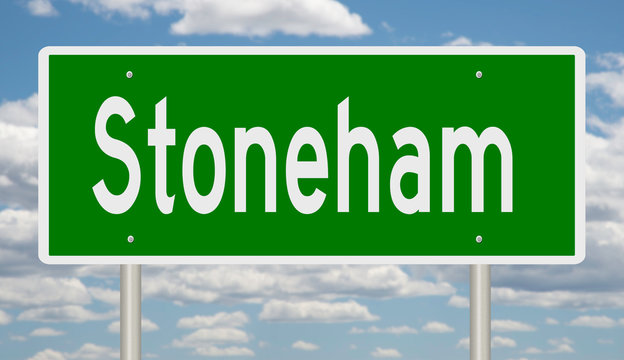Rendering of a green highway sign for Stoneham Massachusetts