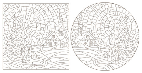 Fototapeta na wymiar A set of contour illustrations of stained glass Windows with winter landscapes, dark contours on a white background