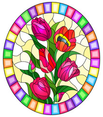 Illustration in stained glass style with a bouquet of pink tulips on a yellow background, oval image in bright frame 