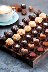 Chocolate handmade candies, pralines and truffles in assortment.