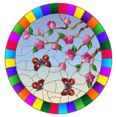 Illustration in stained glass style with cherry blossom tree and bright butterflies on blue sky background, oval image in bright frame 
