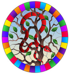 Illustration in the style of stained glass with red snake on the tree on blue background, oval image in bright frame