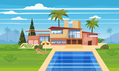 Modern villa on residence in exotic country, expensive mansion in lahdscape tropics - obrazy, fototapety, plakaty