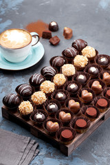 Chocolate handmade candies, pralines and truffles in assortment.