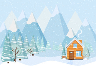 Beautiful Christmas winter landscape background with mountains, snow, trees, spruces, country house cartoon flat style.