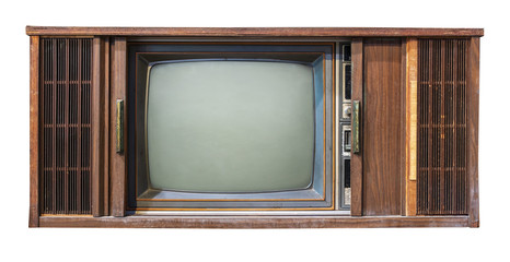 Vintage tv - antique wooden box television isolated on white with clipping path for object. retro...