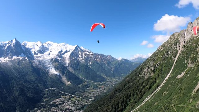 Paragliding. View of the Chamonix Resort from a height, France .4k