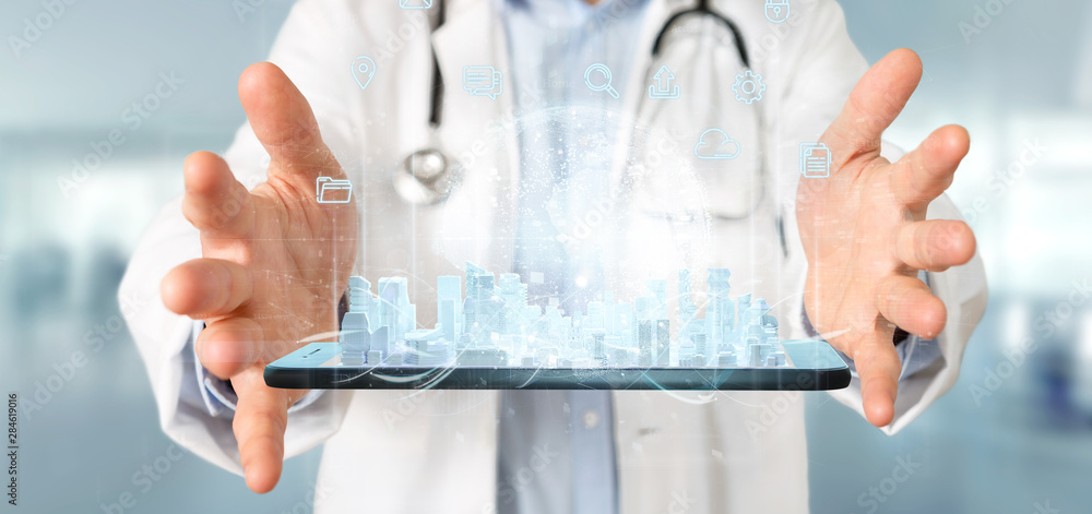 Aufkleber doctor holding smart city user interface with icon, stats and data 3d rendering