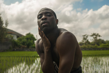 young attractive contemporary ballet dancer and choreographer , a black African American man dancing and posing on tropical rice field background