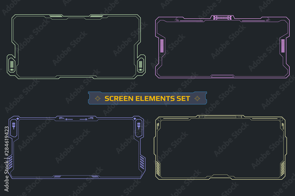 Poster Hud futuristic screen virtual interface element vector set. Scifi reality technology viewfinder security display control illustration.