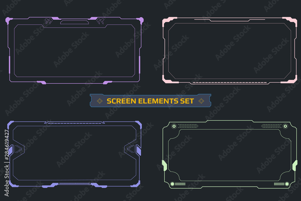 Poster Hud futuristic screen virtual interface element vector set. Scifi reality technology viewfinder security display control illustration.