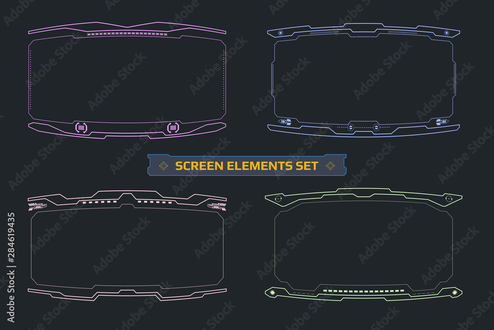 Poster Hud futuristic screen virtual interface element vector set. Scifi reality technology viewfinder security display control illustration.