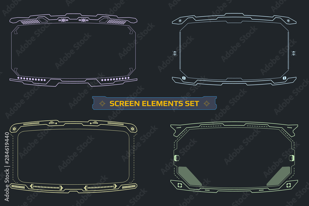 Poster Hud futuristic screen virtual interface element vector set. Scifi reality technology viewfinder security display control illustration.
