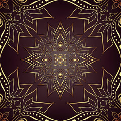 Vintage background mandala card with golden lace ornaments and art deco floral decorative elements