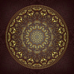 Vintage background mandala card with golden lace ornaments and art deco floral decorative elements