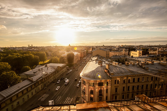Beautiful sunset top view panorama of Saint Petersburg landscapes, amazing St. Petersburg view from the roof