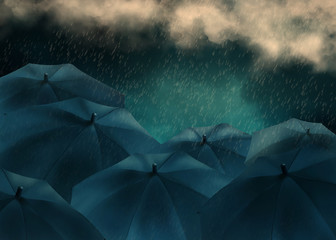 Rain and Clouds on black umbrella. Weather Concept