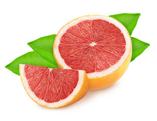 Half and slice of grapefruit with leaves isolated on white background.
