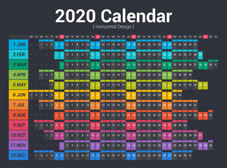 Calendar 2020 planner full color. Horizontal vector design on dark background.