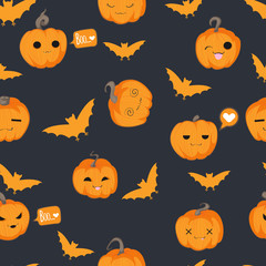 Vector seamless pattern with Halloween cute hand draw pumpkin with different emotion and silhouette of bats and speech bubble with herts and text boo on dark background