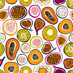 Textured fruit endless design for fabric, wrap paper or wallpaper. Papaya, kiwi, passion fruit, dragon fruit and figs isolated on a white background. Slices in a cut. Food seamless pattern.