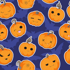 Vector seamless pattern with Halloween cute hand draw pumpkin in cartoons style with white outline and different emotion on dark blue background with silhouette of bats