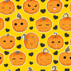Vector seamless pattern with Halloween cute hand draw pumpkin with different emotion in cartoons style on orange background with black hearts