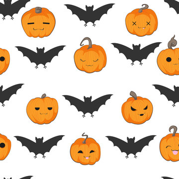 Vector seamless pattern with Halloween cute hand draw pumpkin with different emotion and silhouette of bats on white background