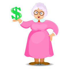 Flat illustration of modern smart business grandmother. Earn money. The Dollar sign is in my hand. Isolated . white. Vector