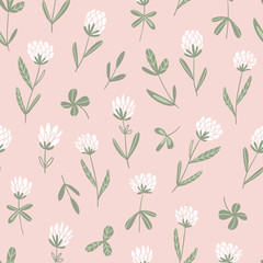 White clover flowers.  Vector floral seamless pattern. Cute hand-drawn  pattern design for fabric, wallpaper or wrap paper.