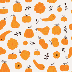 Seamless pattern with hand drawn pumpkins and leaves. Cute design  for Halloween or Thankful day. Vector vegetable illustration.