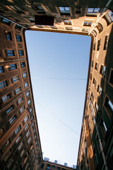 A fisheye view of the City roofs with copy space, urban frame, saint Petersburg, Russia