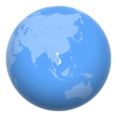 Vietnam on the globe. Earth centered at the location of the Socialist Republic of Vietnam. Map of Vietnam. Includes layer with capital cities.