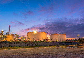Fototapeta na wymiar .Landscape of Oil and Gas Refinery Manufacturing Plant., Petrochemical or Chemical Distillation Process Buildings., Factory of Power and Energy Industrial at Twilight Sunset., Engineering Petroleum.
