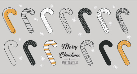 Set of hand drawn christmas Candy Cane. Decoration isolated elements. Doodles and sketches vector illustration