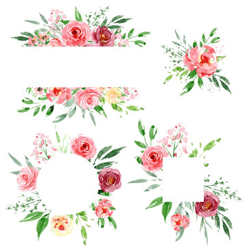 Watercolor flower set, wreath, frames. Floral clip art. Perfectly for print on wedding invitation, greeting card, wall art, stickers and other. Isolated on white background. Hand paint design. 