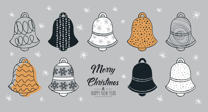 Set of hand drawn christmas bell. Decoration isolated elements . Doodles and sketches vector illustration