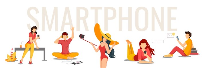 Set of characters interacting with their smartphones. Young men and women writing and reading messages, listening to music, taking selfies with phones. 