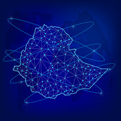 Global logistics network concept. Communications network map  Ethiopia on the world background. Map of  Ethiopia with nodes in polygonal style and flag. Vector illustration EPS10. 