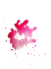 Pink watercolor stains and drops isolated on white background