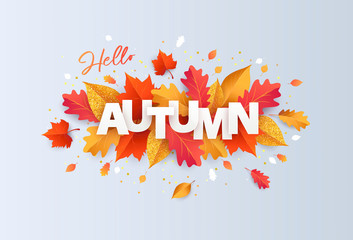 Hello Autumn Vector illustration with phrase in paper cut style decorated with beautiful bright leaves on light background. Design for greeting card, Sale or promotional poster, flyer, web banner