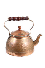 ancient copper moroccan tea pot on white background